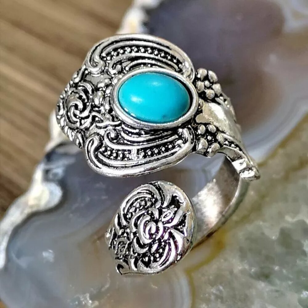 Boho Rose and Flowers with Faux Turquoise Adjustable Spoon Ring #1221 - Picture 14 of 16
